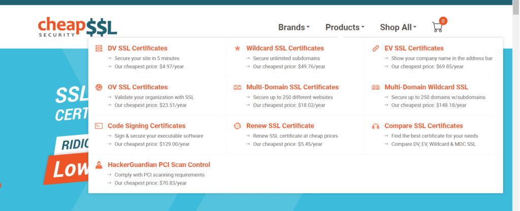 The price range for SSL certificates at cheapsslsecurity